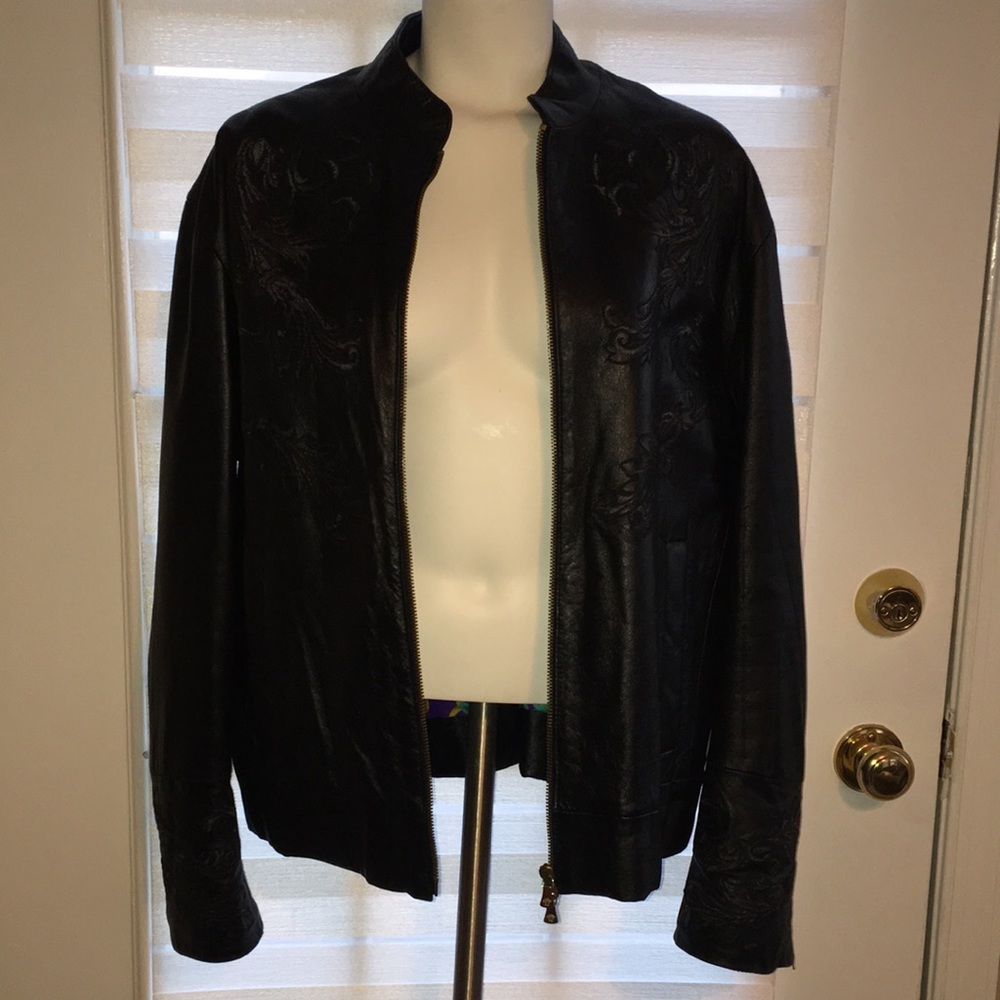 Versace Jean Couture Black REAL Leather EMBROIDERED BOMBER JACKET NWOT